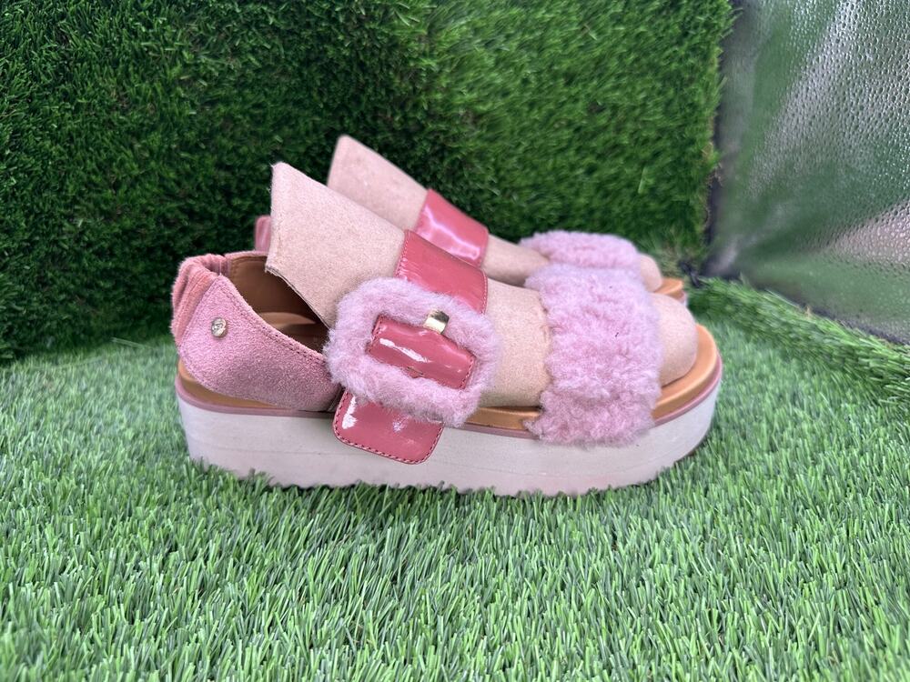 UGG Le Fluff Slingback Sandal Women's 7 Pink Leather Platform Footbed Comfort